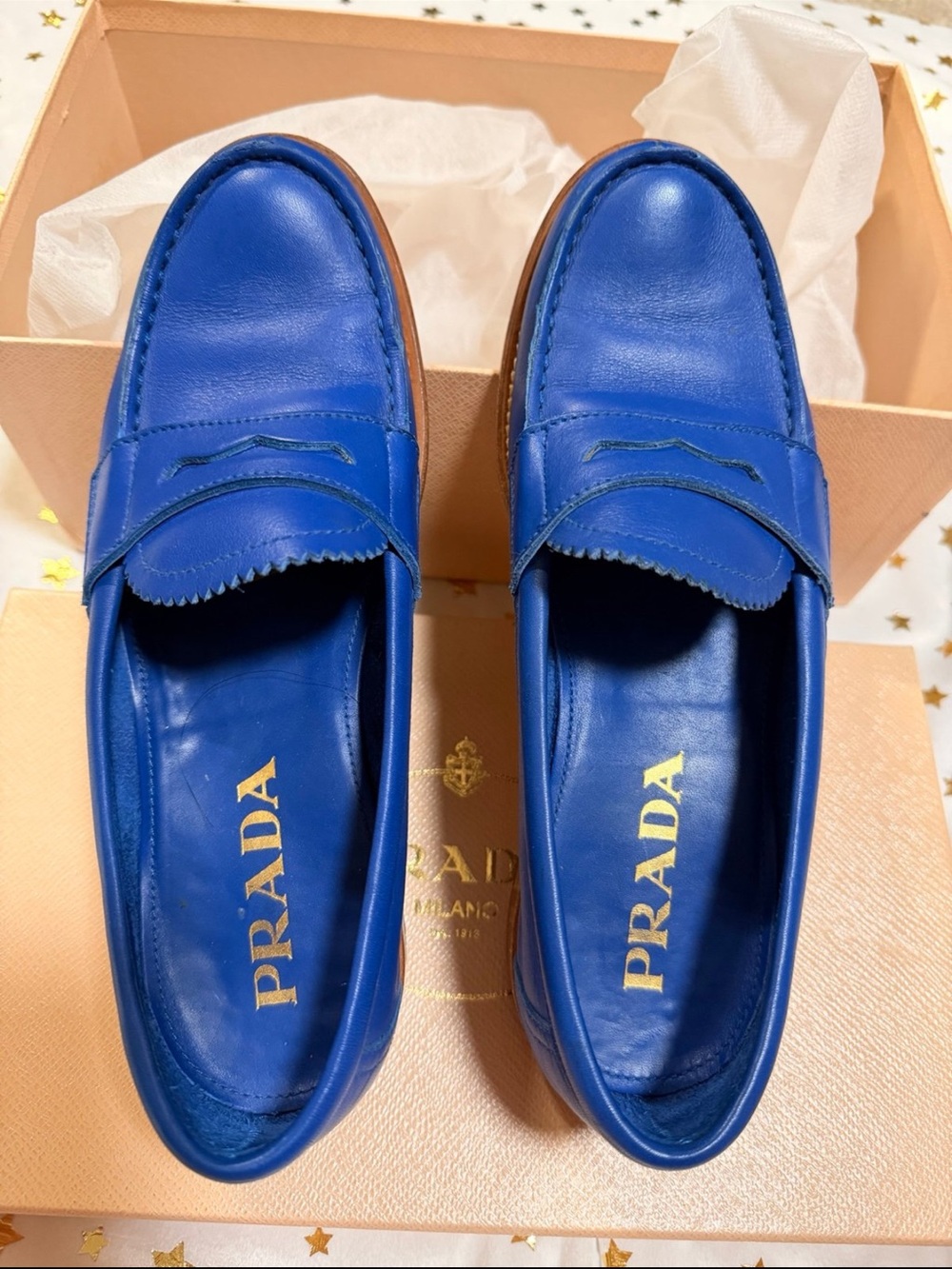 Prada Blue Leather Penny Loafers